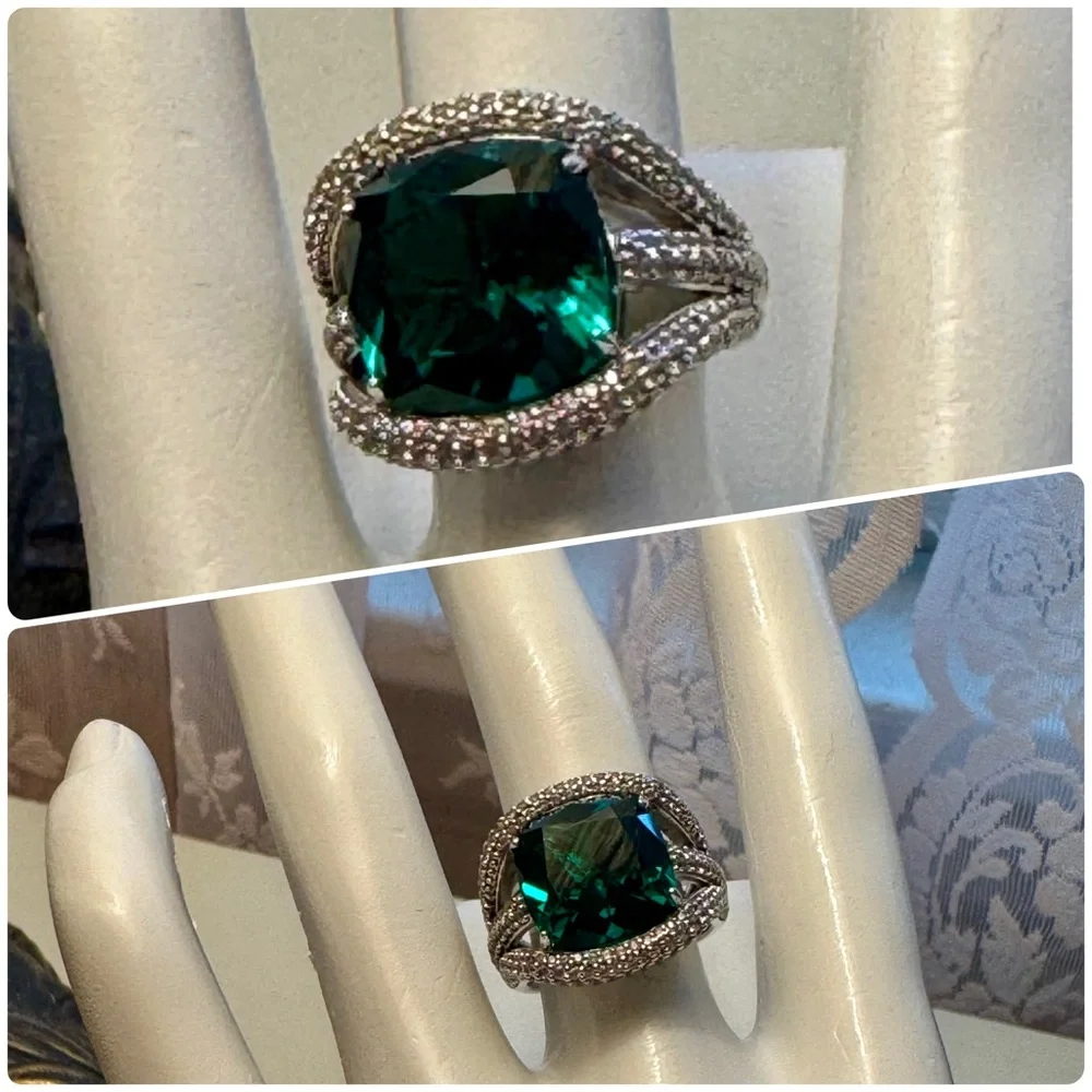 Large Emerald Cushion Cut Ring Set in 925 Sterling Silver